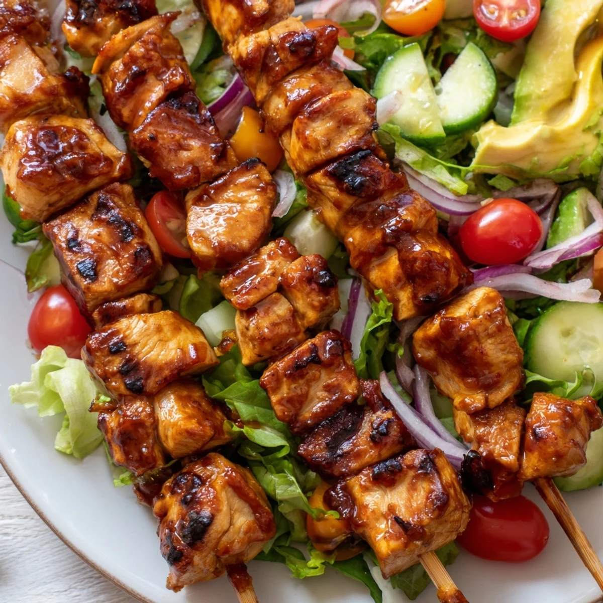 Colorful bowl of BBQ chicken skewer salad with smoky grilled chicken atop fresh vegetables and greens