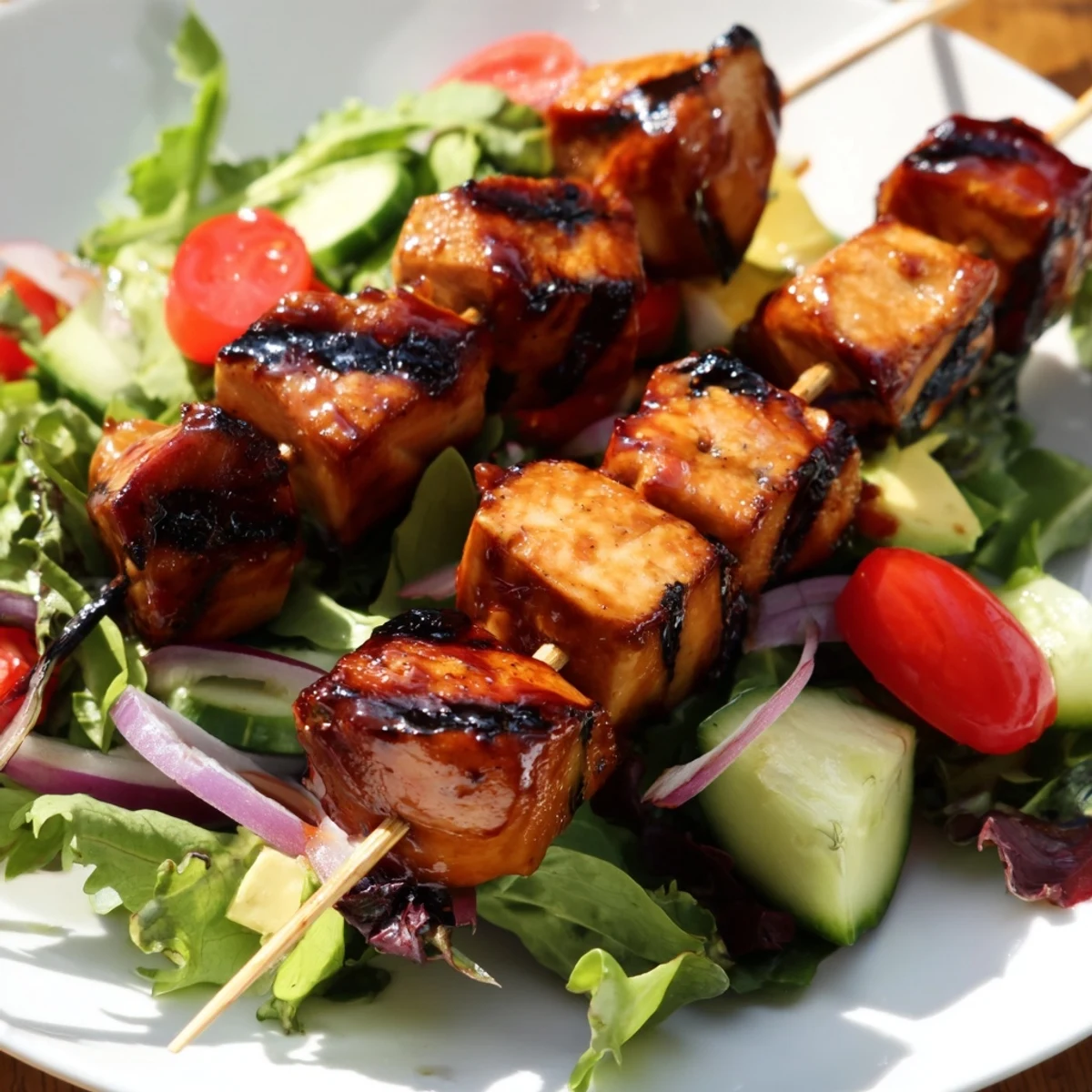 Fresh BBQ chicken skewer salad featuring grilled chicken on crisp mixed greens with colorful vegetables