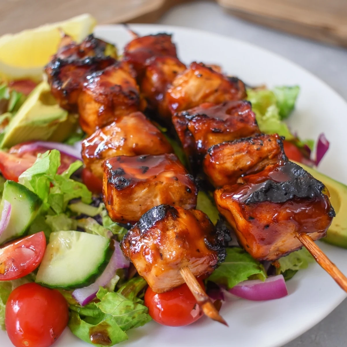 Serving of BBQ chicken skewer salad with tender grilled chicken pieces arranged over vibrant crisp salad ingredients