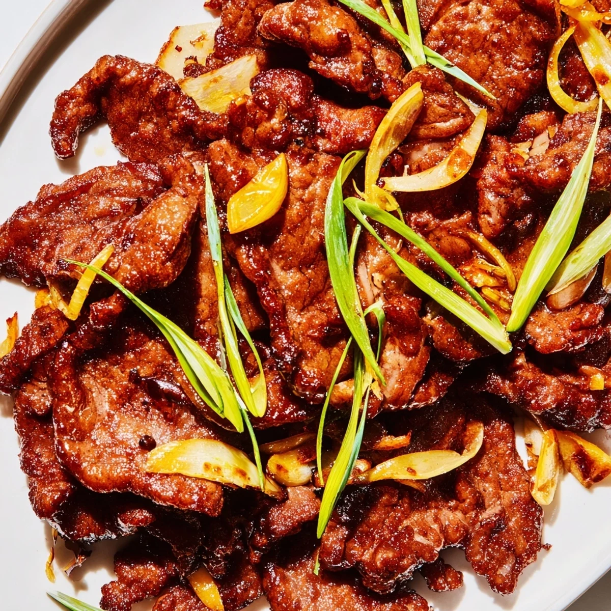 Golden crispy beef and caramelized onion stir fry served in a dark savory sauce