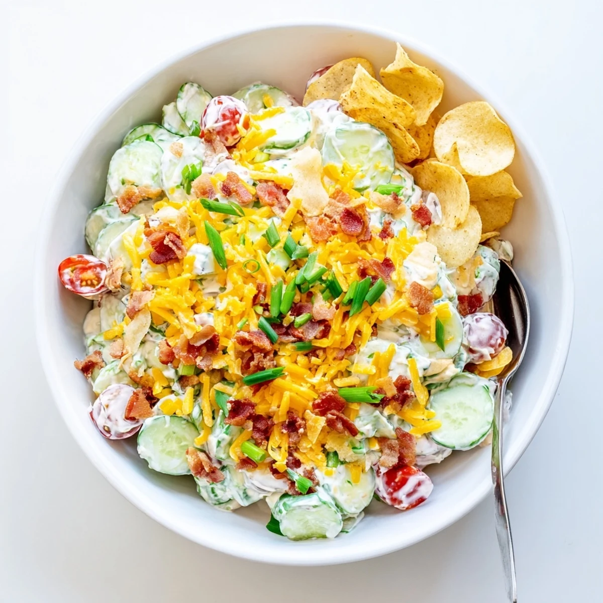 Fresh cucumber ranch crack salad layered with crispy bacon, cheddar cheese, and crunchy potato chip topping in a glass bowl
