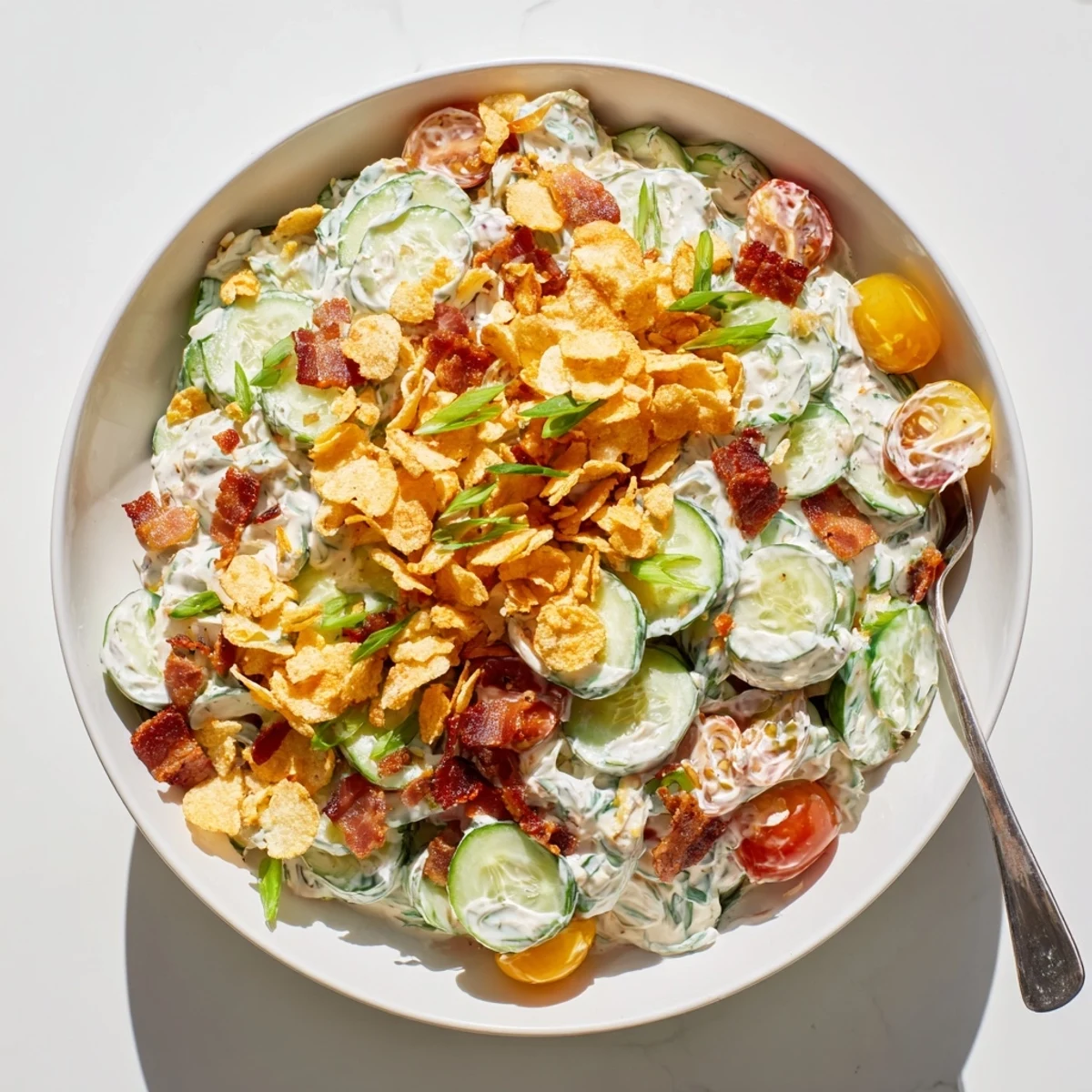 Creamy cucumber ranch crack salad featuring diced cucumbers, cherry tomatoes, and crumbled bacon coated in tangy homemade dressing