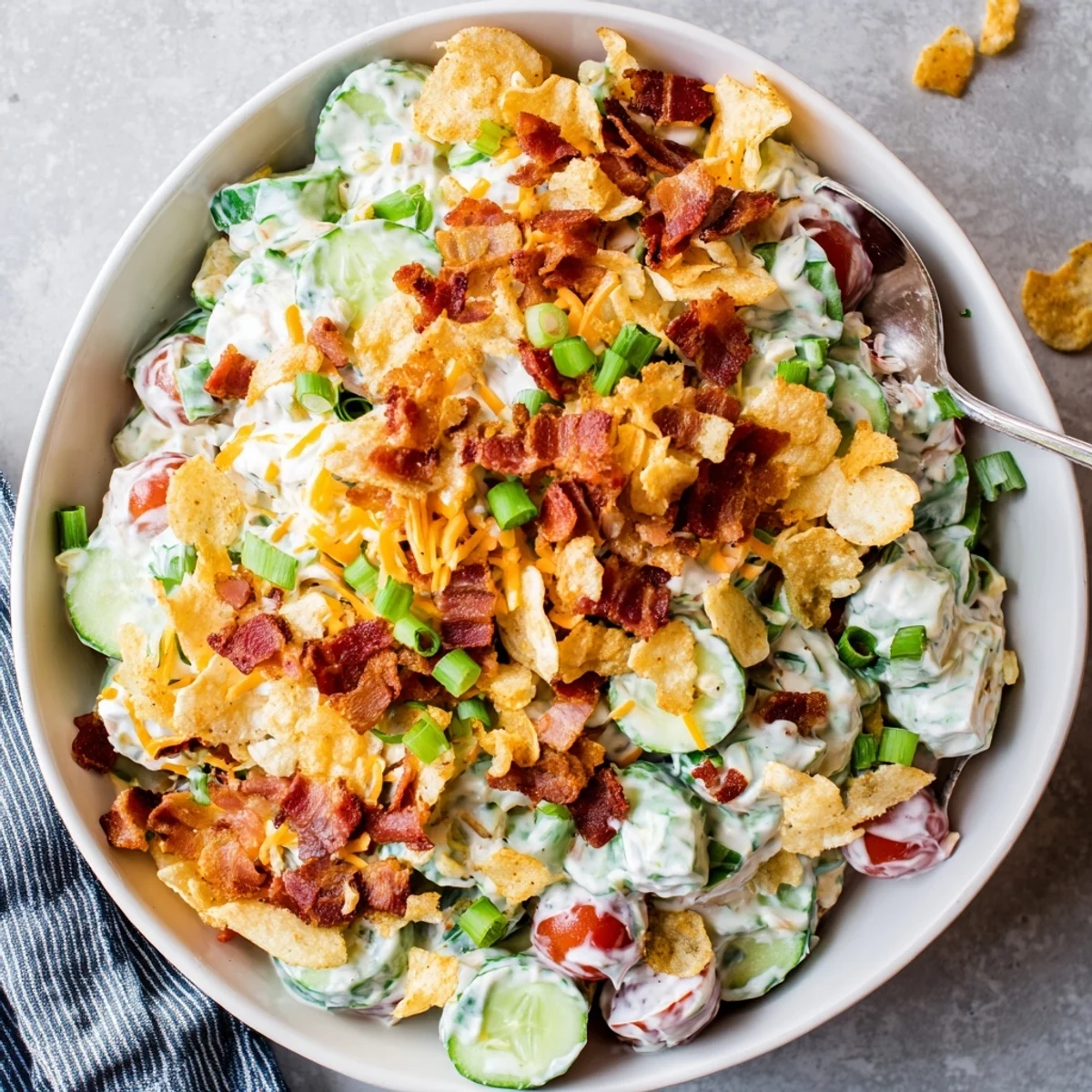 Cucumber ranch crack salad with crisp vegetables, melted cheese, and bacon bits tossed in a rich white cream sauce