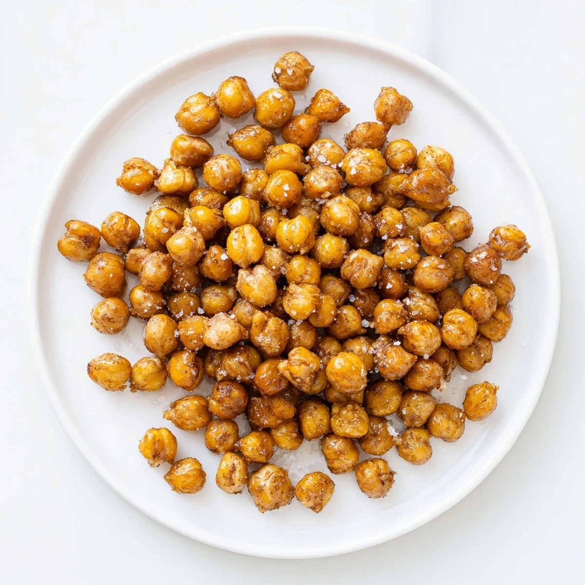 Golden brown cinnamon roasted chickpeas arranged on a rustic wooden board, sprinkled with coconut sugar