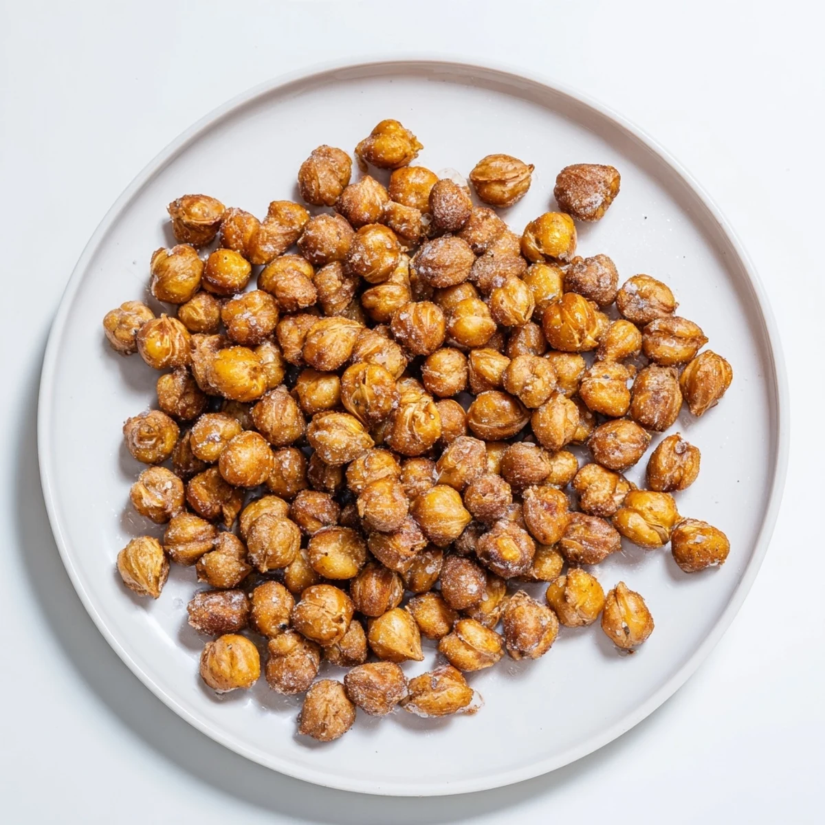 Crispy oven-baked chickpeas tossed in warm cinnamon and maple syrup, cooling on parchment paper