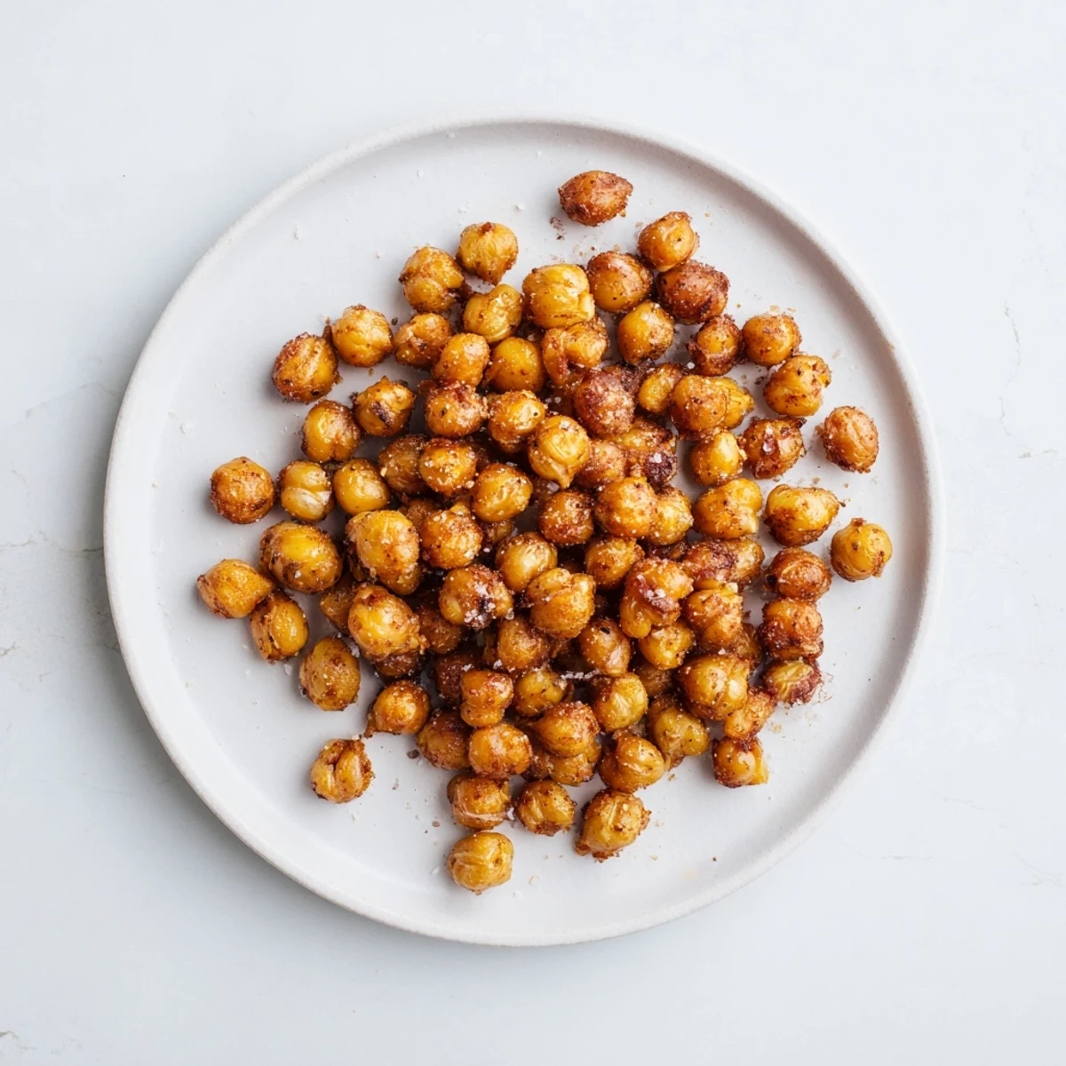 Close up of crunchy cinnamon roasted chickpeas spilling from a white ceramic bowl, glistening with sweet glaze