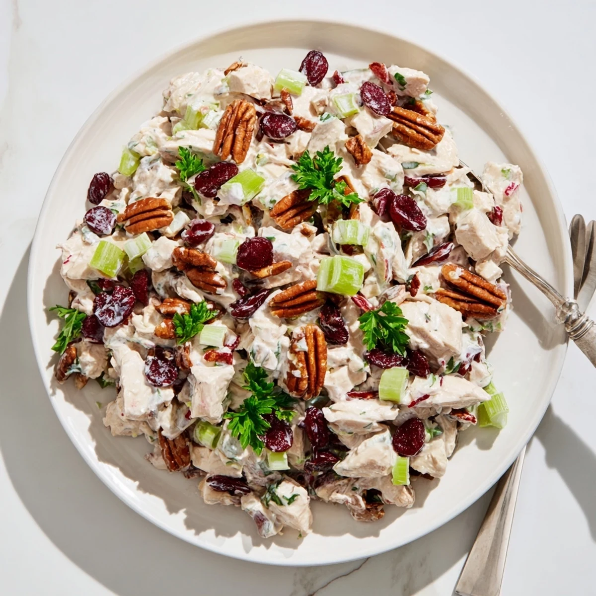 Close-up of cranberry pecan chicken salad in bowl topped with fresh parsley garnish
