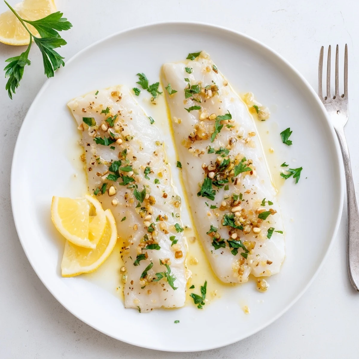 Golden pan-seared cod fillets swimming in a rich lemon garlic butter sauce with fresh parsley
