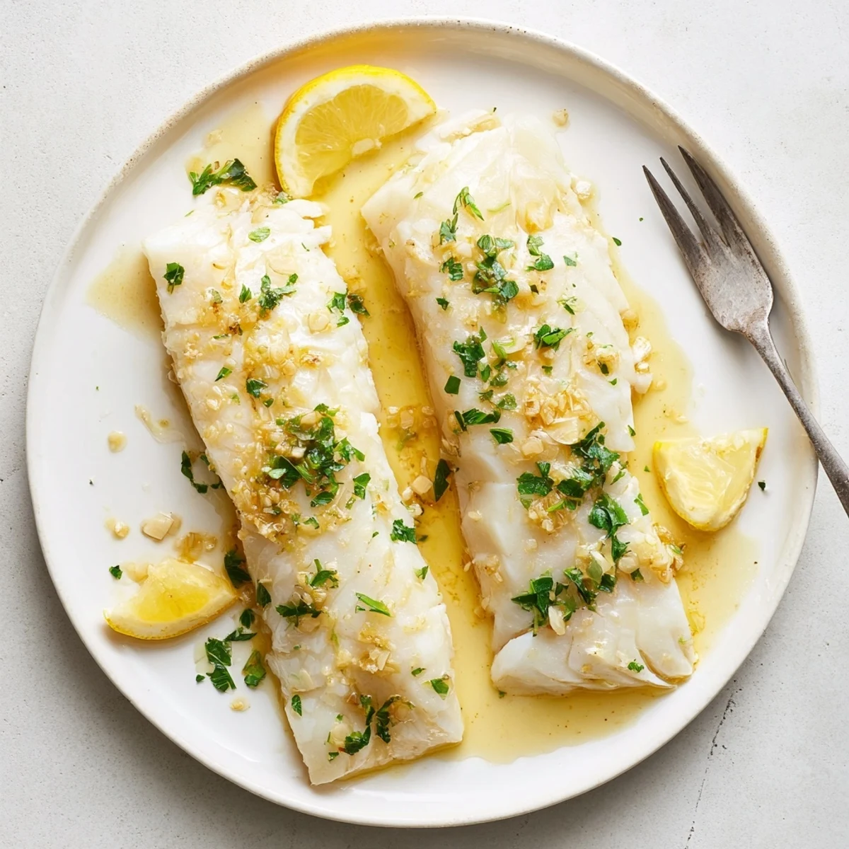 Perfectly cooked lemon garlic butter cod drizzled with savory sauce and garnished with herbs
