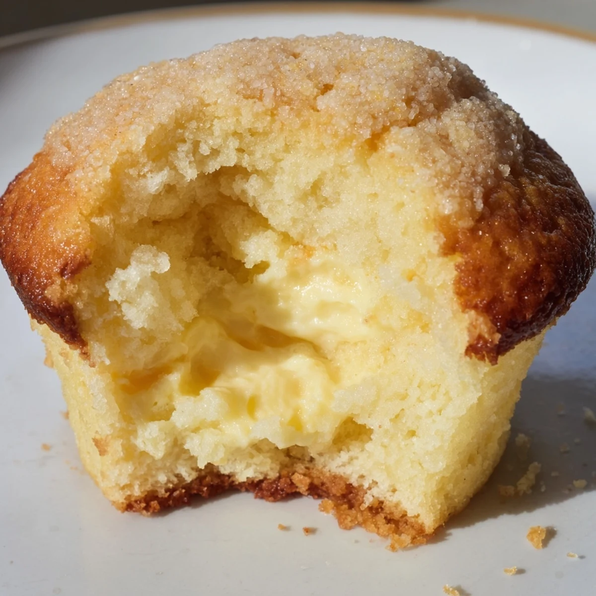 Golden lemon cream cheese muffins topped with coarse sugar, featuring a hidden creamy center