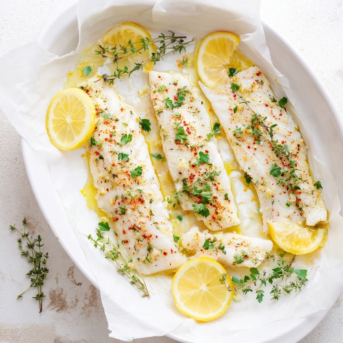Golden baked cod fillets garnished with fresh lemon slices and green herbs