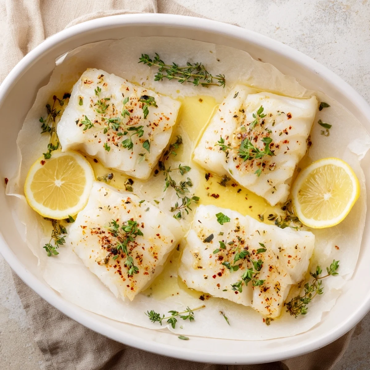 Flaky tender baked cod with lemon garlic herbs ready for dinner