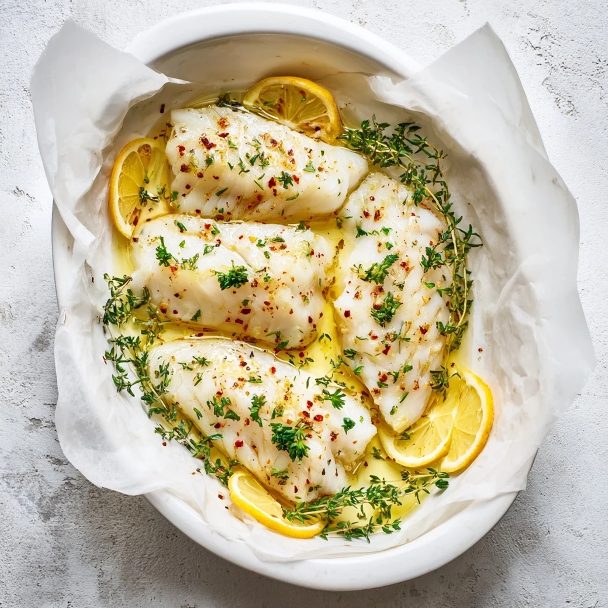 Oven baked cod with parsley thyme and lemon on white dish