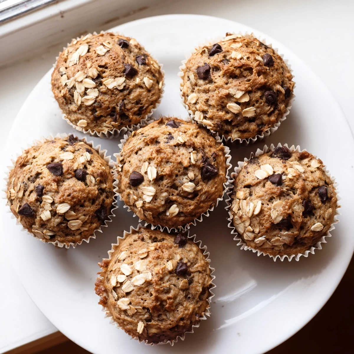 Freshly baked banana chocolate chip muffins featuring hearty oat texture and sweet chocolate chunks in a muffin tin