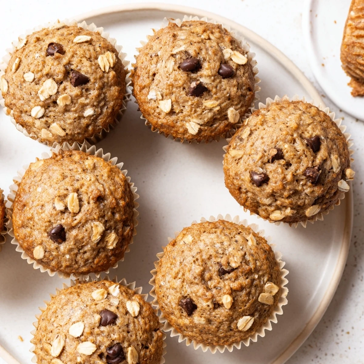 Golden brown banana oatmeal muffins topped with oats on a wire cooling rack