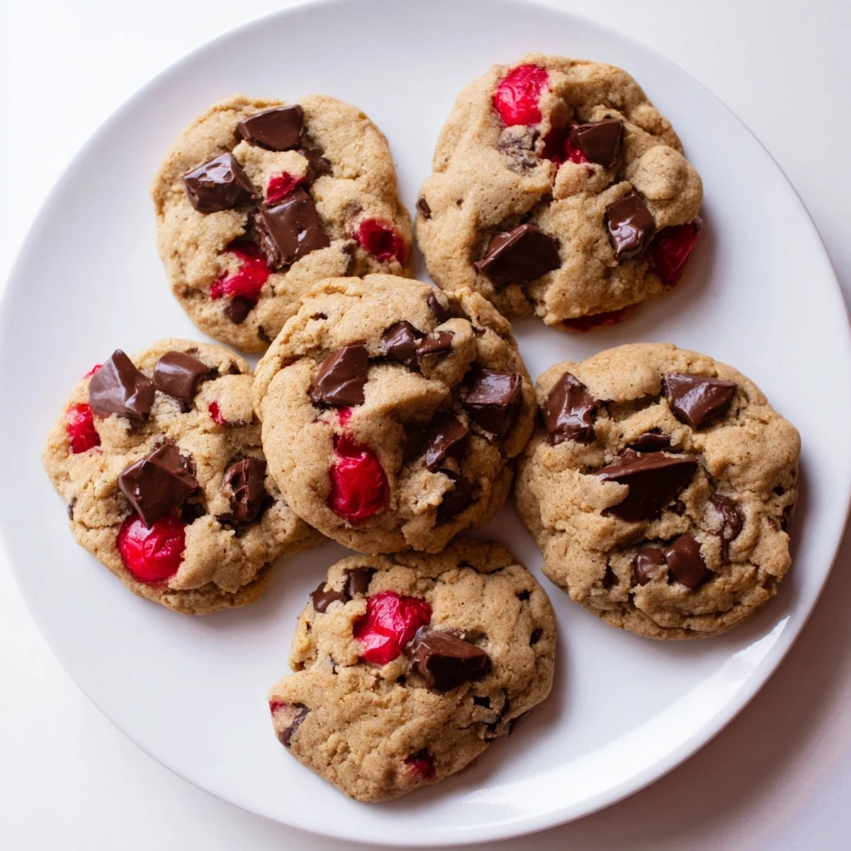 Freshly baked Maraschino cherry chocolate chip cookies on a cooling rack with golden edges and cherry pieces visible