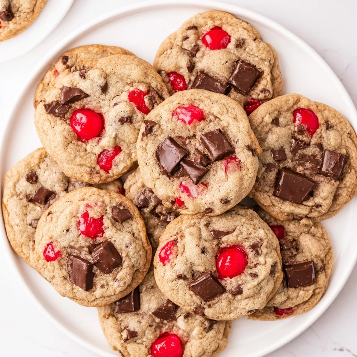 Soft chewy Maraschino cherry chocolate chip cookies stacked on a white plate with melted chocolate chips