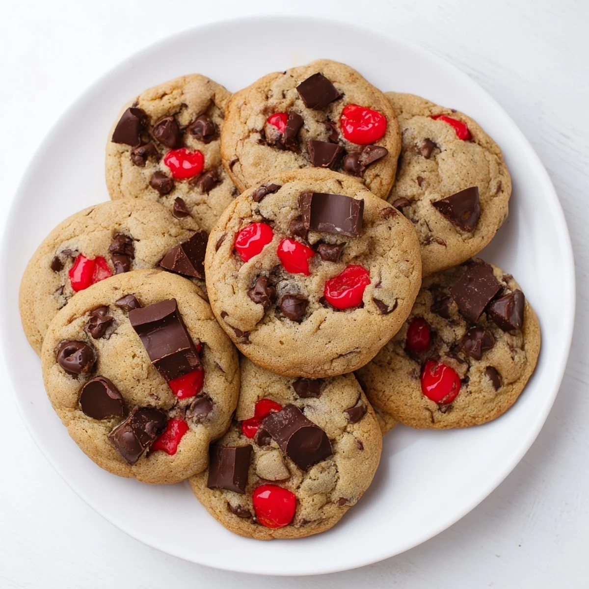 Close-up of warm Maraschino cherry chocolate chip cookies showing bright red cherry chunks and browned cookie dough