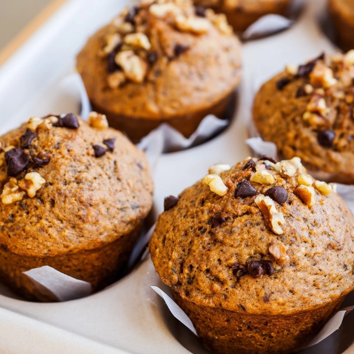 Golden brown healthy banana nut muffins topped with chopped walnuts on a wire cooling rack
