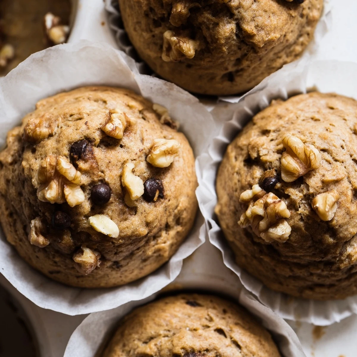 Wholesome healthy banana nut muffins rising in a lined muffin tin, ready for breakfast