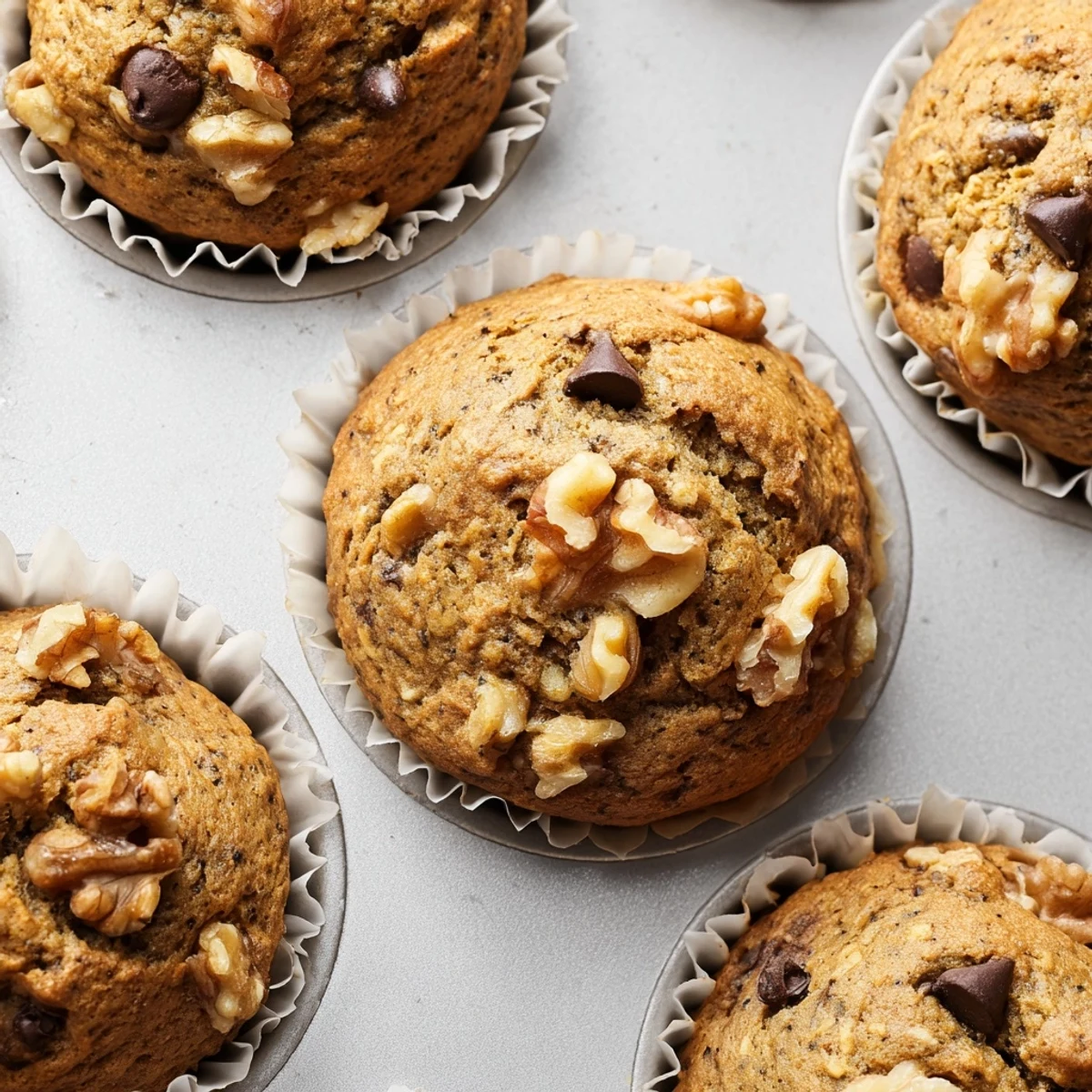 Freshly baked healthy banana nut muffins with visible banana pieces and nutty crumb texture