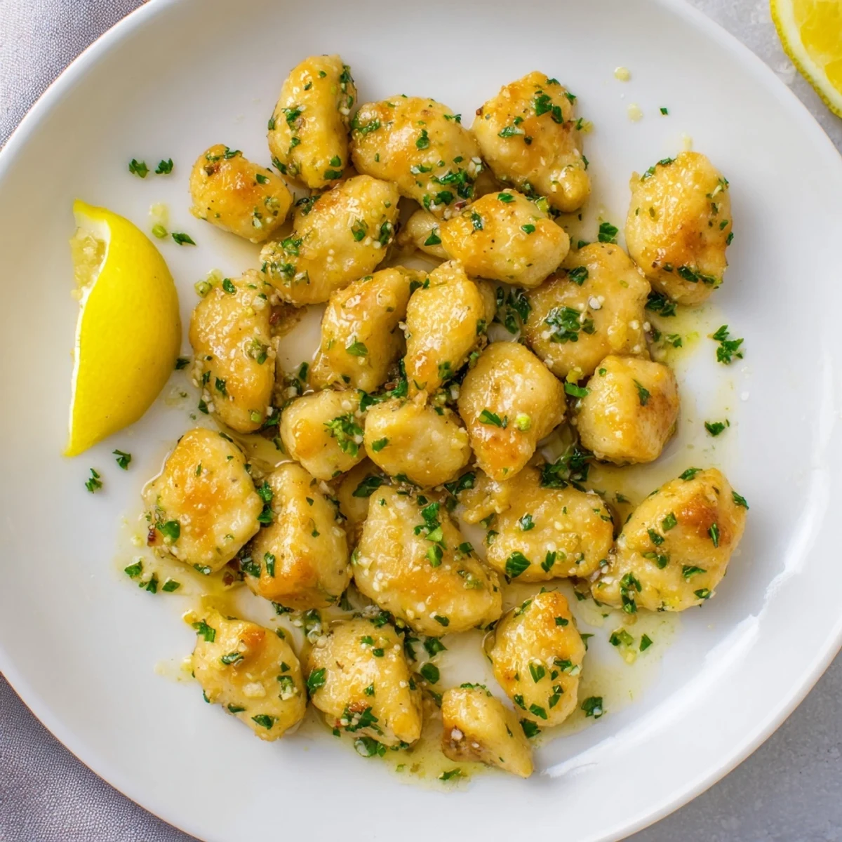 Tender chicken pieces coated in rich garlic butter sauce served on white plate