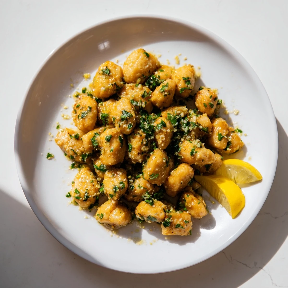 Golden garlic butter chicken bites sizzling in a skillet with fresh parsley garnish