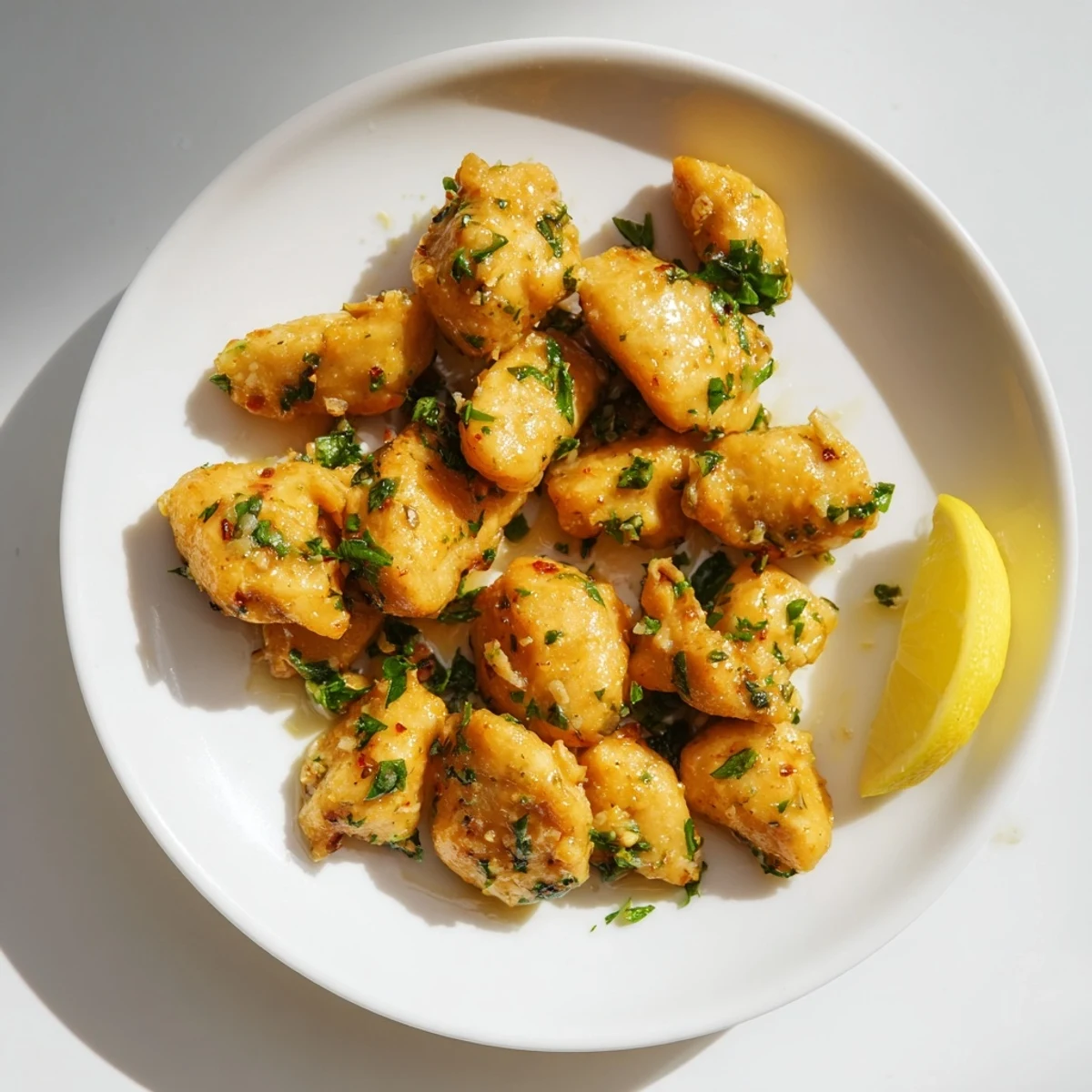 Succulent pan-fried chicken bites swimming in melted butter and minced garlic with parsley