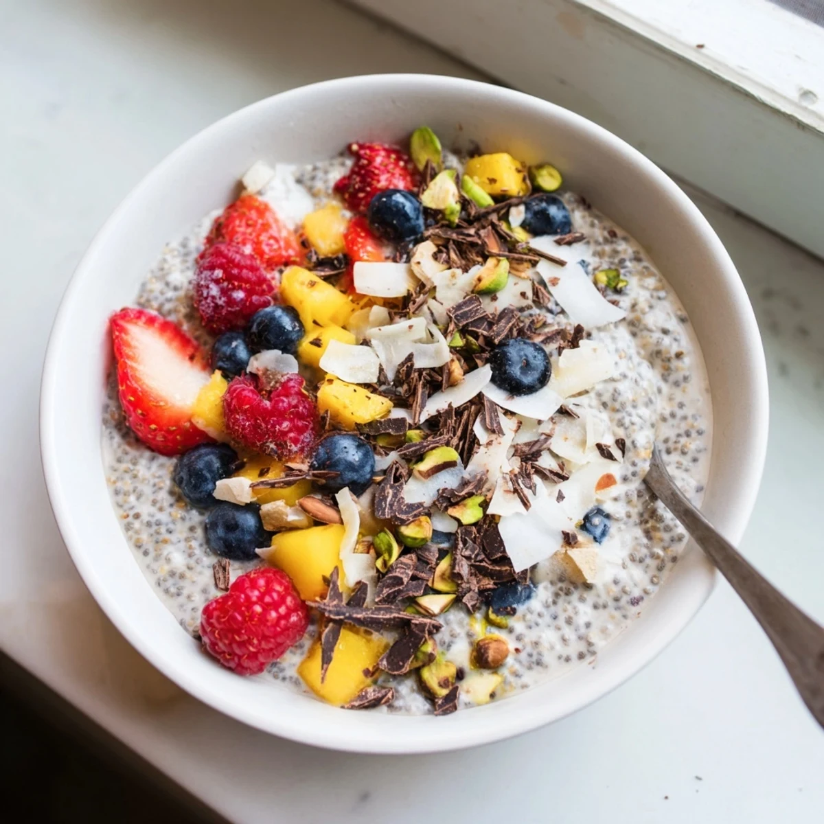 Creamy chia pudding recipes layered with fresh berries and coconut in glass jars