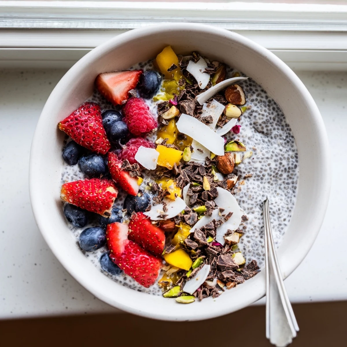 Wholesome chia pudding recipes served chilled with mixed fruit and nut butter swirl