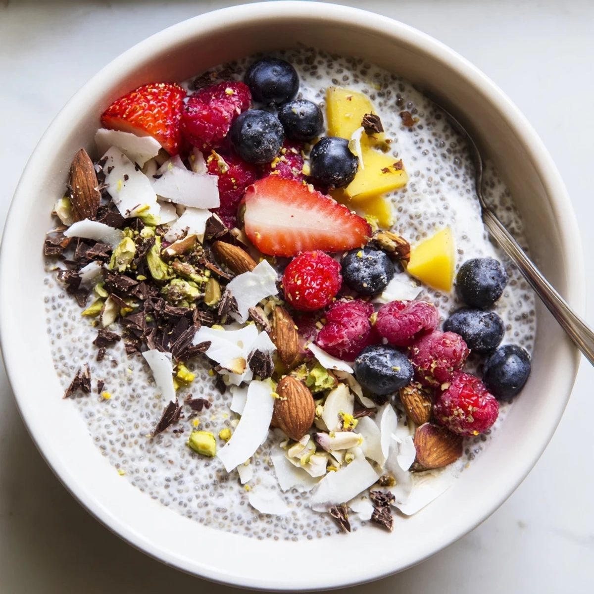Overnight chia pudding recipes topped with mango slices and crunchy almond pieces