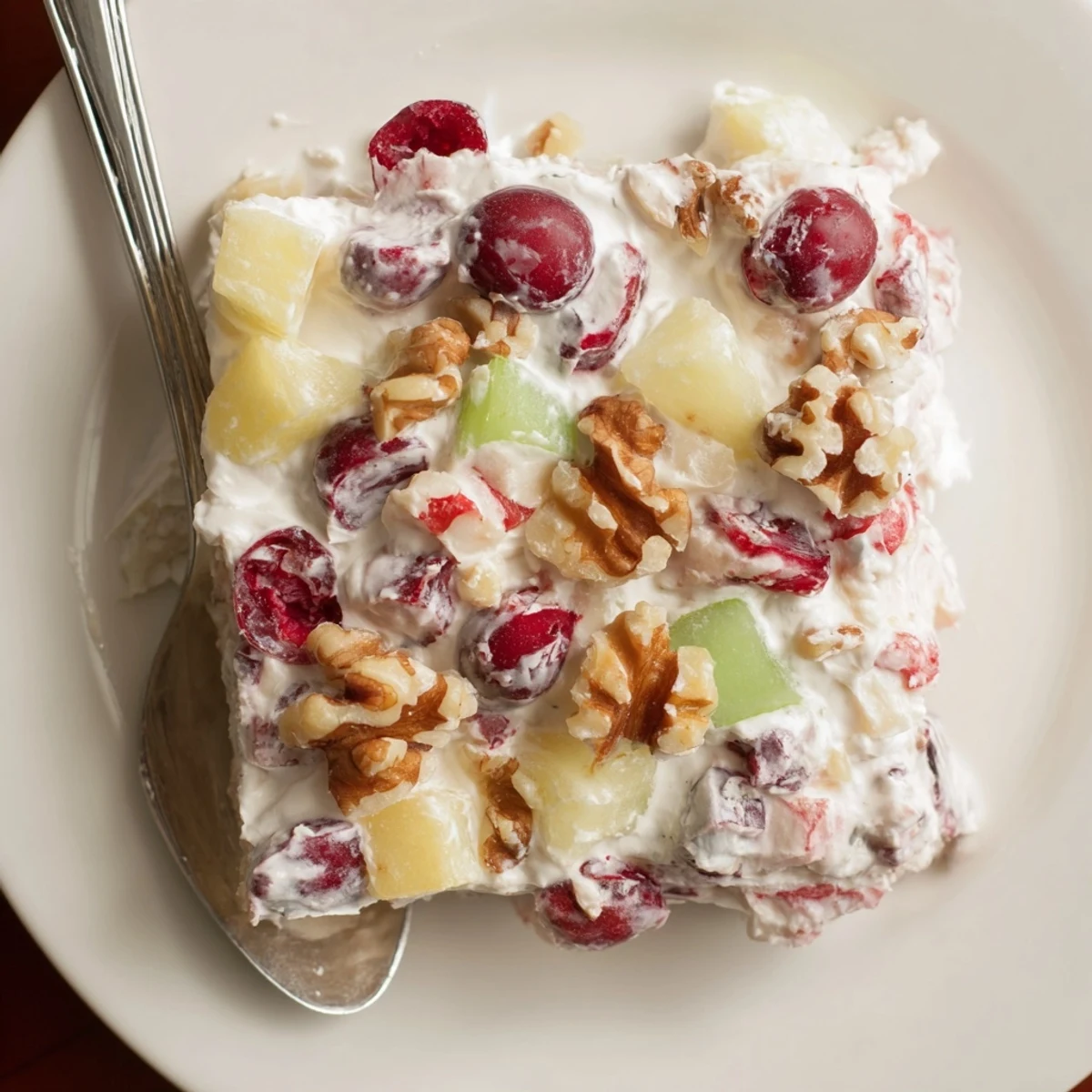 Festive holiday frozen cranberry salad scooped into bowl showing colorful fruit pieces and crunchy nut toppings
