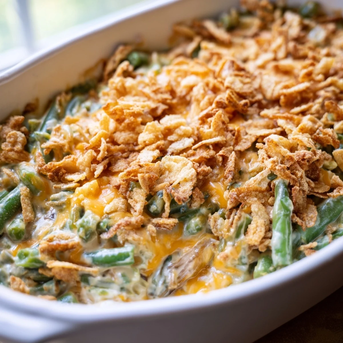 Holiday green bean casserole with bubbling cheddar sauce and crispy crushed Ritz cracker topping