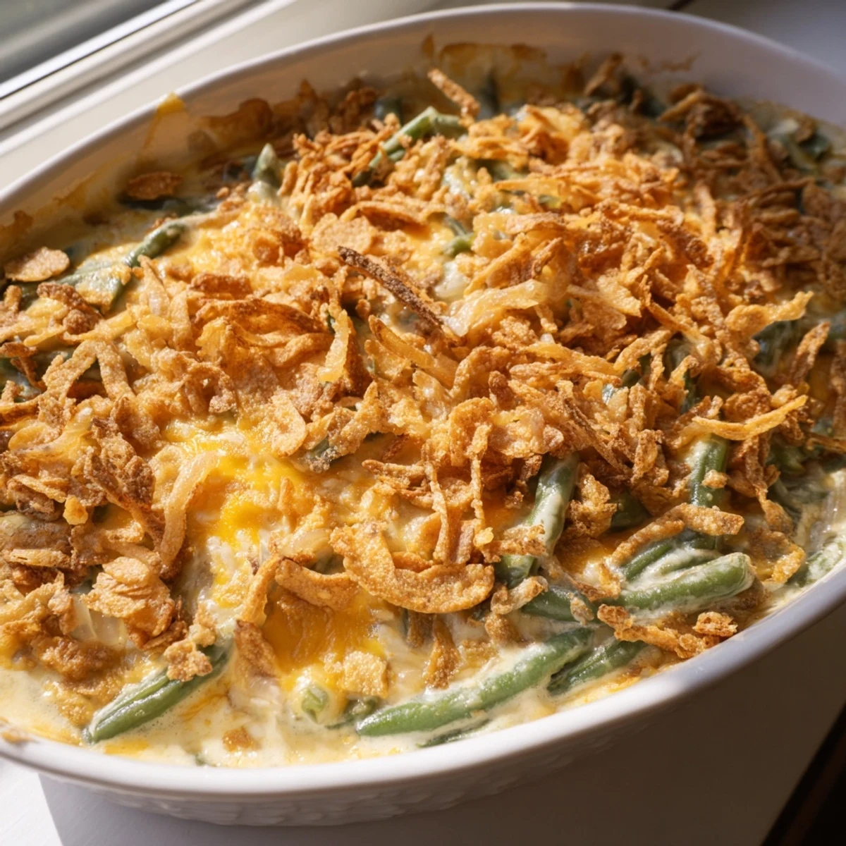 Golden brown green bean casserole with rich mushroom sauce and buttery Ritz cracker crust
