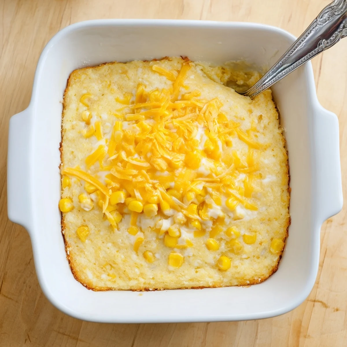 Golden brown classic Jiffy corn casserole with a creamy, buttery texture fresh from the oven