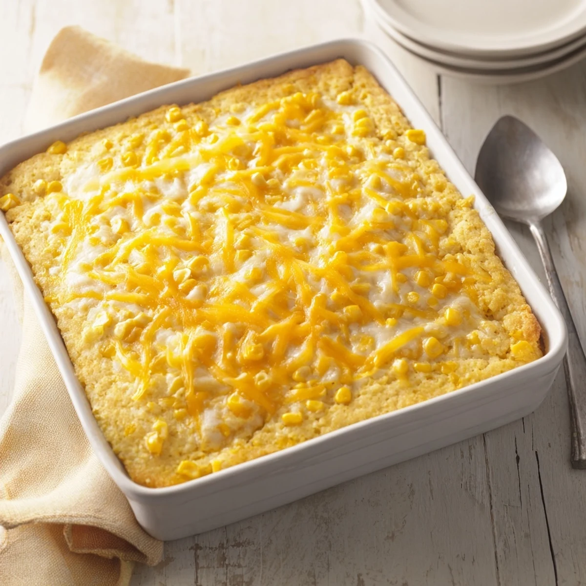 Creamy homemade Jiffy corn casserole served in a baking dish, perfect for holiday gatherings