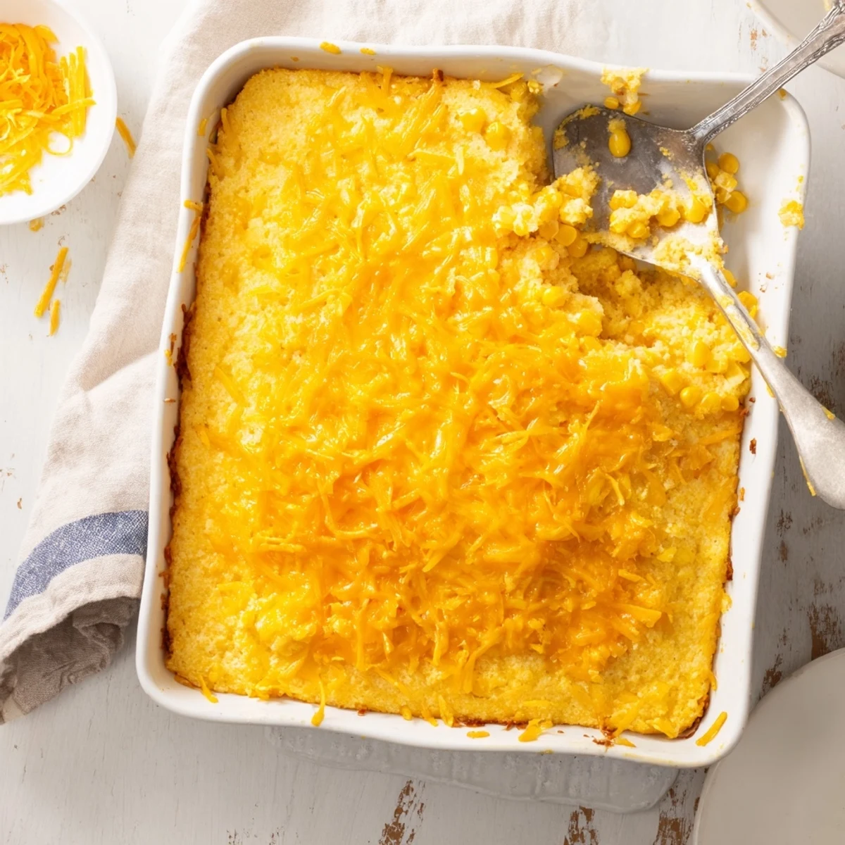 Golden classic Jiffy corn casserole with a moist, tender crumb and melted cheddar cheese topping