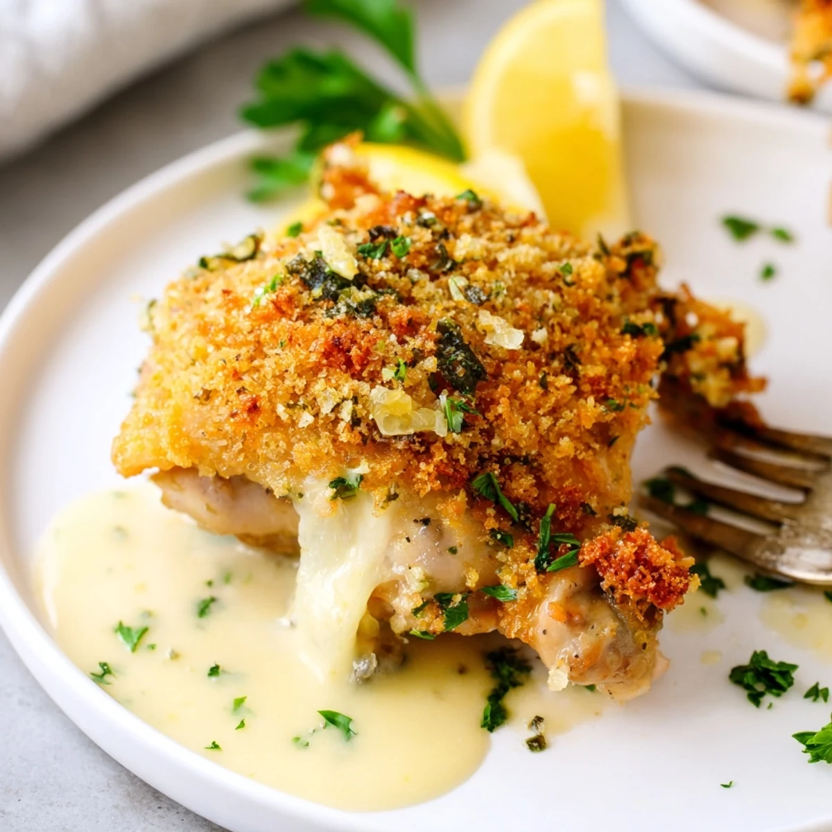 Oven-roasted Golden Herb Crusted Chicken Thighs In Creamy Garlic Sauce, served over mashed potatoes