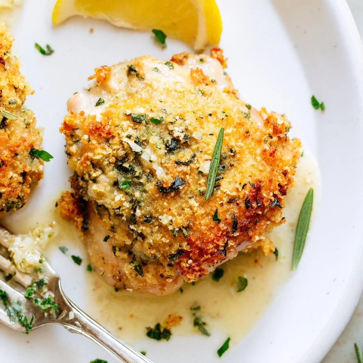 Warm, juicy Golden Herb Crusted Chicken Thighs In Creamy Garlic Sauce, herb aroma
