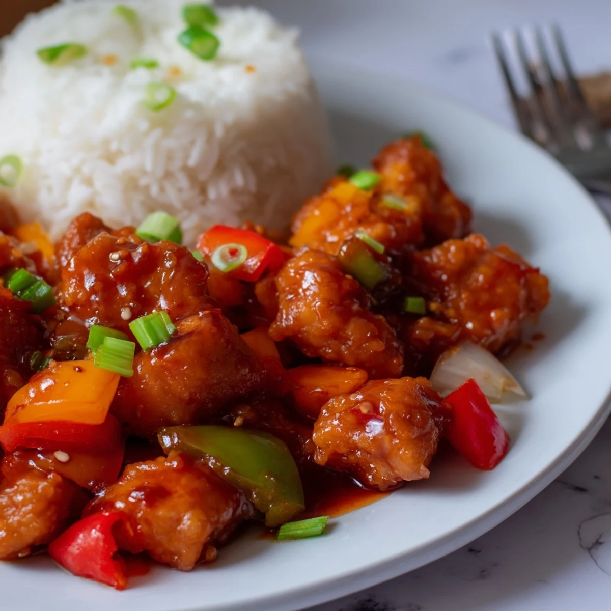 Buttery, tangy Flavorful Chilli Chicken garnished with spring onions, ready for dinner