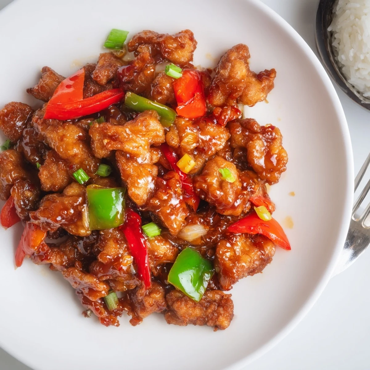 Wok-tossed Flavorful Chilli Chicken glazed in spicy-sweet sauce with peppers