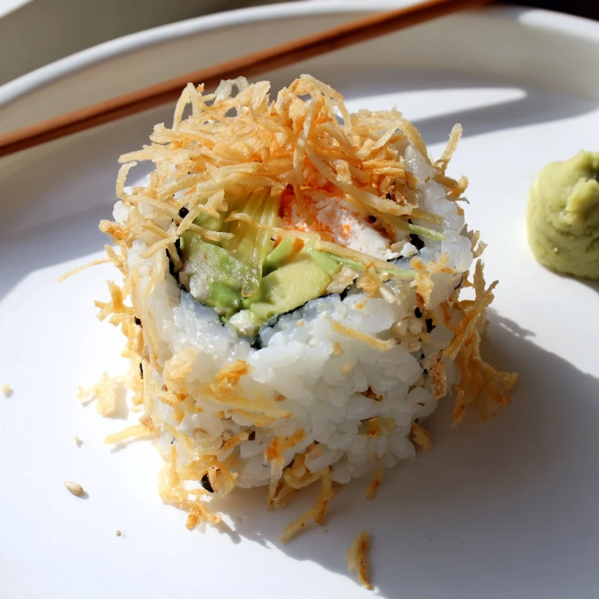 California Crunch Roll Sushi with creamy crab, ripe avocado, crispy tempura flakes