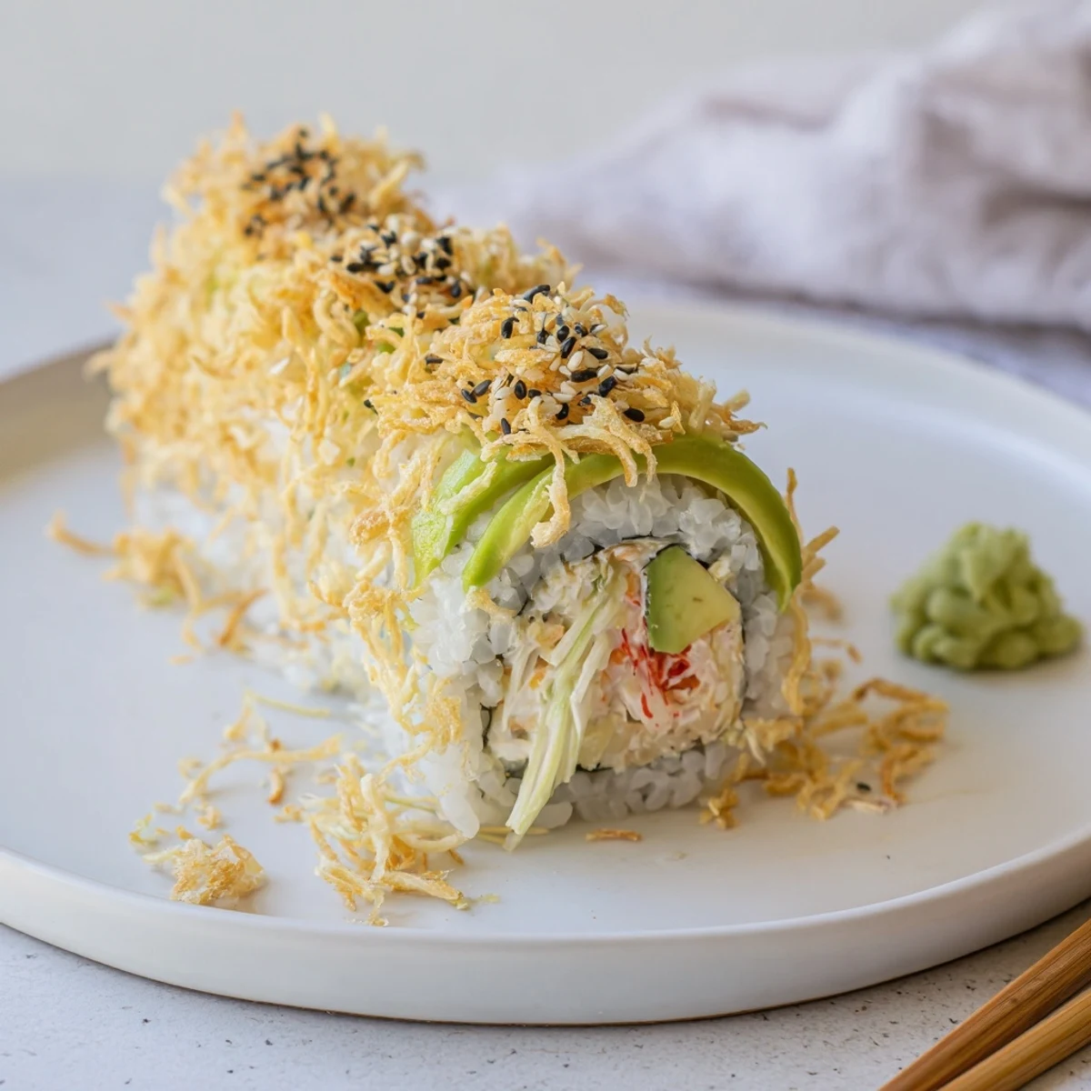 Close-up of California Crunch Roll Sushi sliced, sesame-speckled, served with soy