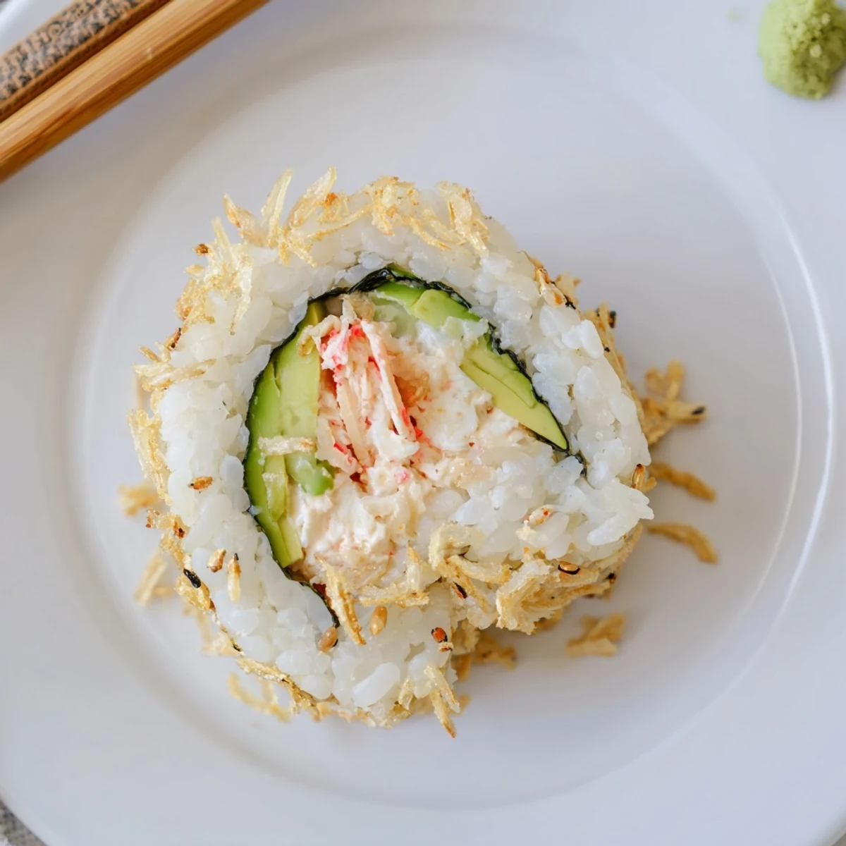 Hand-rolled California Crunch Roll Sushi on bamboo mat, pickled ginger garnish