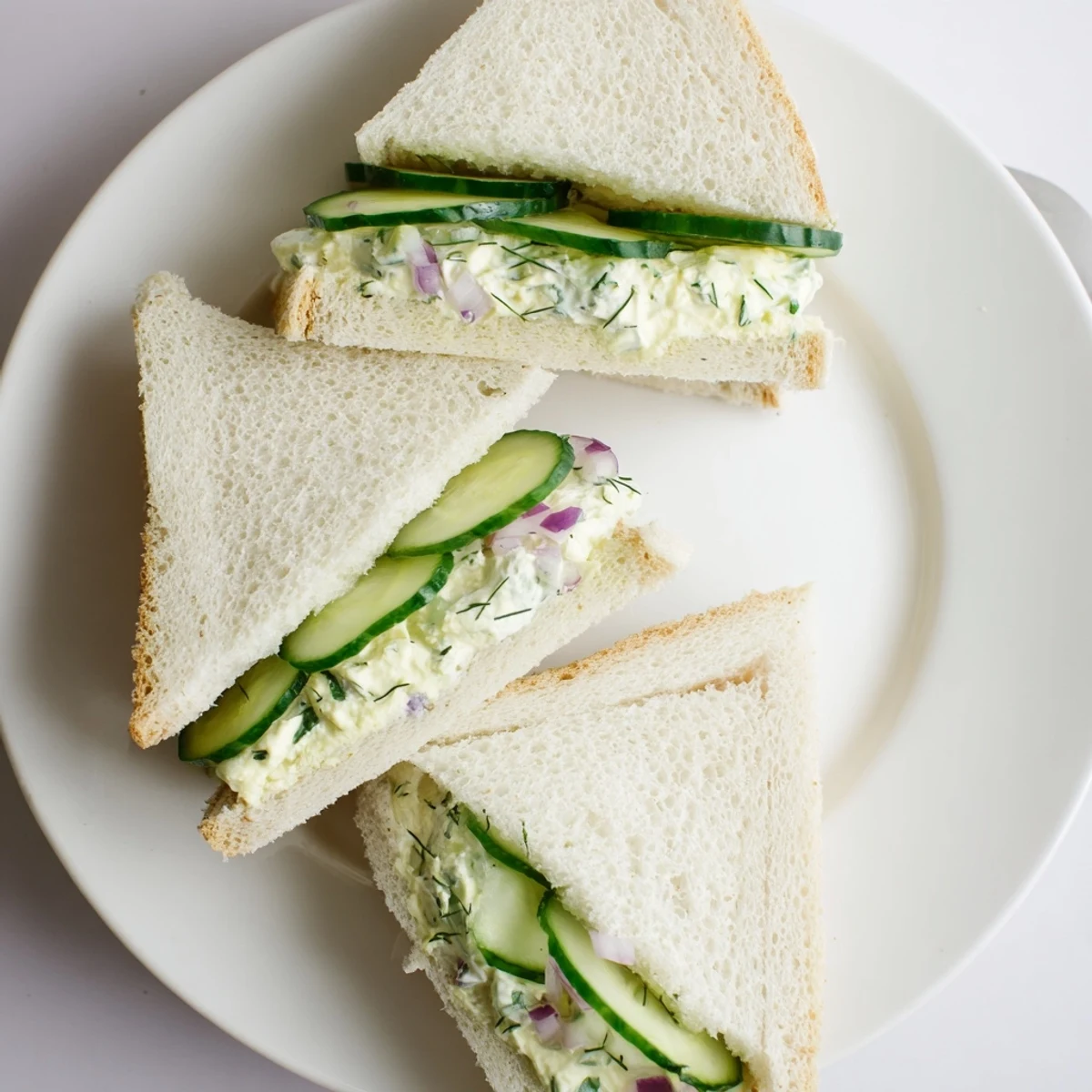 Light cucumber salad sandwiches cut into quarters showcasing green cucumber rounds and dill cream cheese spread