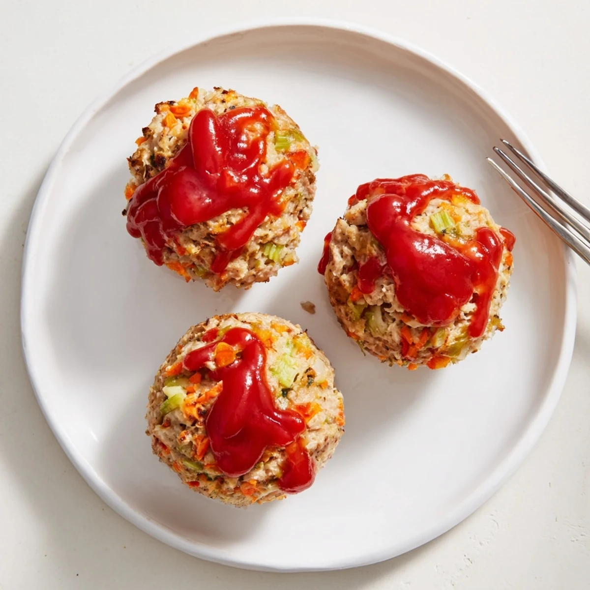 Golden brown turkey meatloaf muffins topped with glossy ketchup and fresh parsley