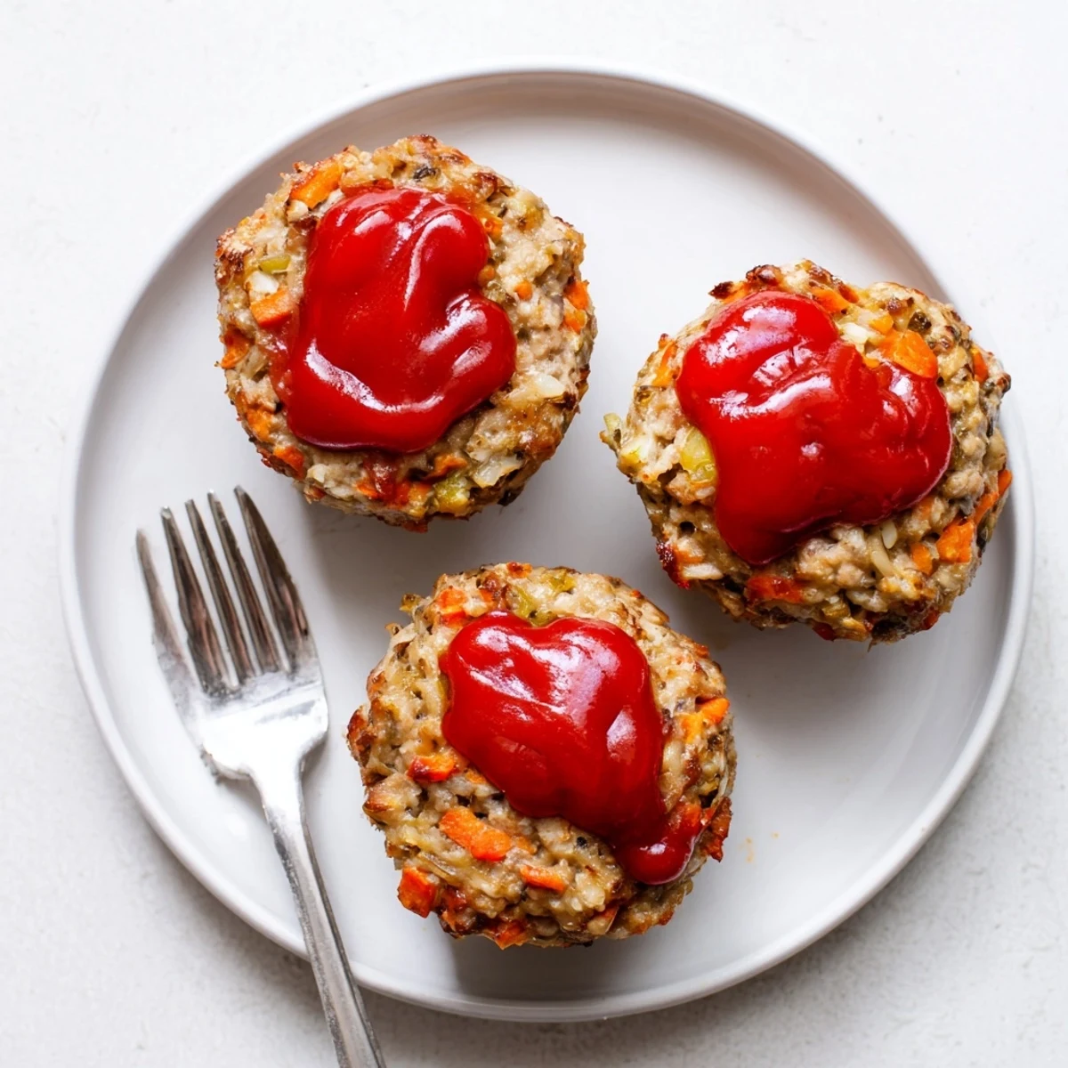 Moist baked turkey meatloaf muffins with vegetables served on a white plate