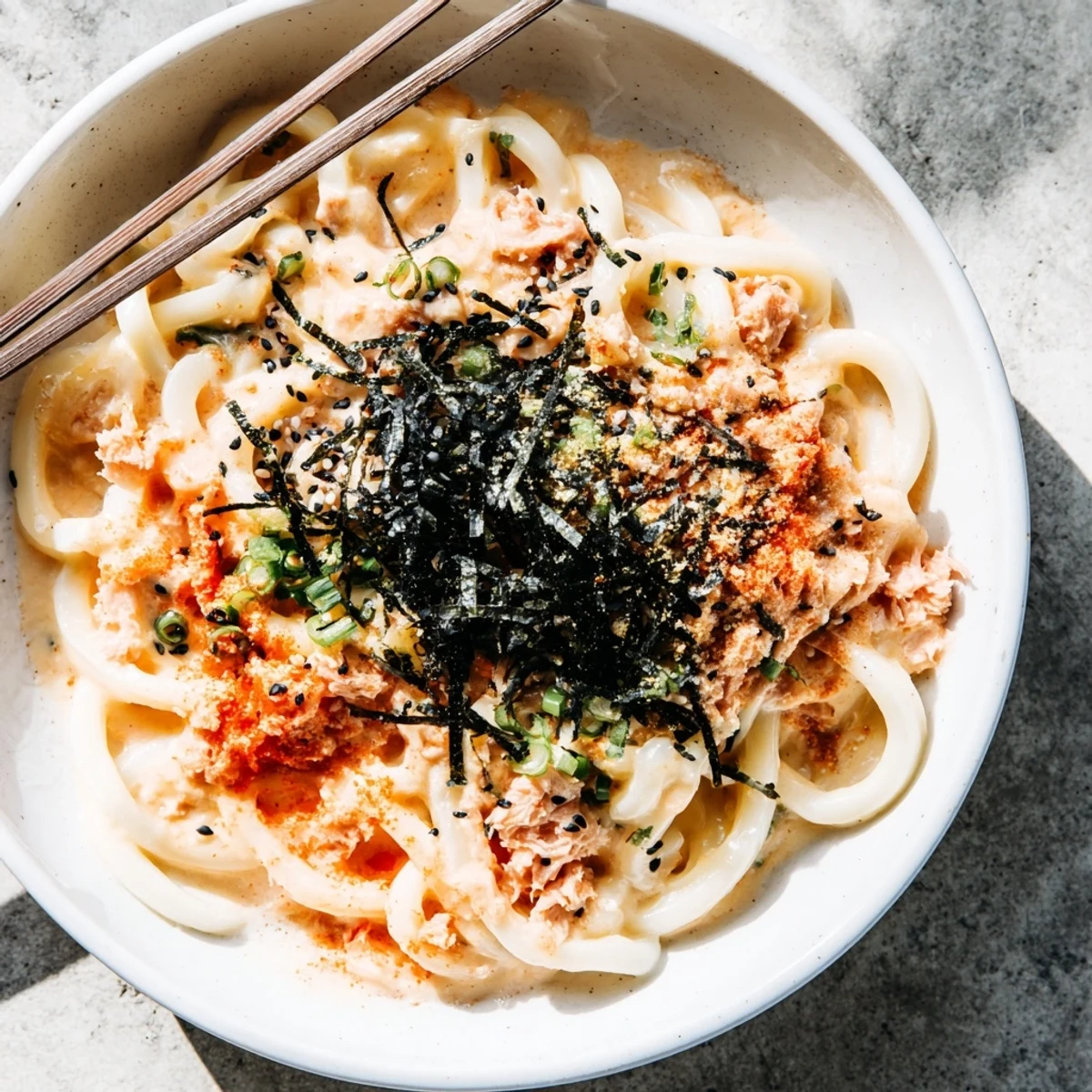 Japanese fusion spicy tuna udon dish served with sliced scallions and sesame seeds