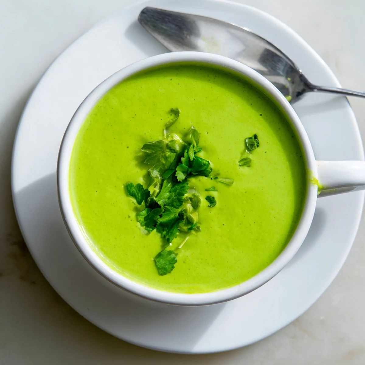 Bowl of vibrant Peruvian aji verde sauce garnished with fresh cilantro leaves