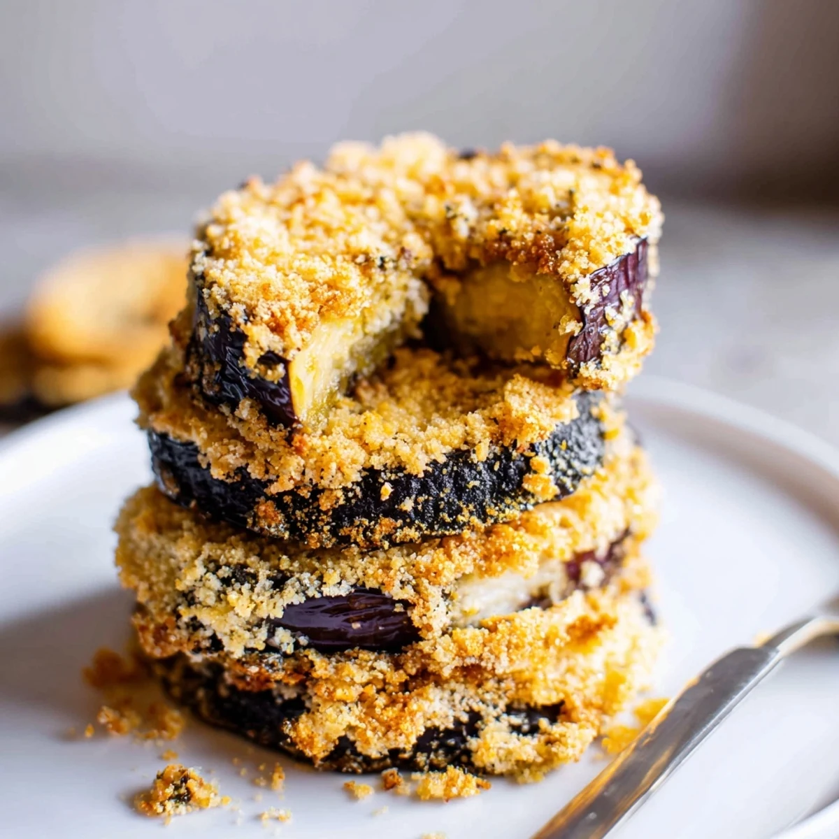 Fresh Crispy Baked Eggplant rounds, oven-browned edges, sprinkled with grated Parmesan.